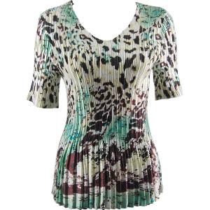 657 - Half Sleeve V-Neck Satin Mini Pleat Tops Reptile Floral - Teal - One Size Fits Most