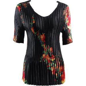 657 - Half Sleeve V-Neck Satin Mini Pleat Tops Paisley Floral Red on Black - One Size Fits Most