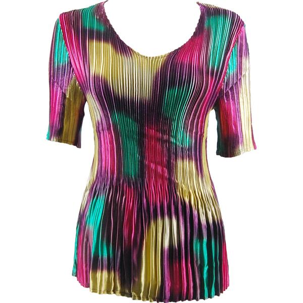Wholesale 657 - Half Sleeve V-Neck Satin Mini Pleat Tops Spots - Purple-Pink-Green-Yellow - One Size Fits Most