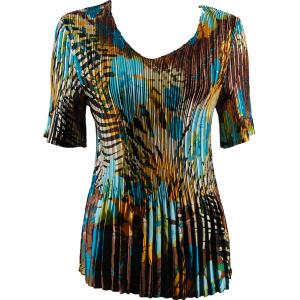657 - Half Sleeve V-Neck Satin Mini Pleat Tops Jungle Floral - Turquoise - One Size Fits Most