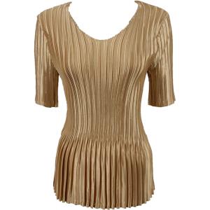 657 - Half Sleeve V-Neck Satin Mini Pleat Tops Solid Light Gold - One Size Fits Most
