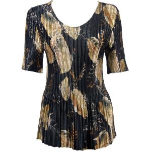 657 - Half Sleeve V-Neck Satin Mini Pleat Tops Black with Gold Leaves - One Size Fits Most