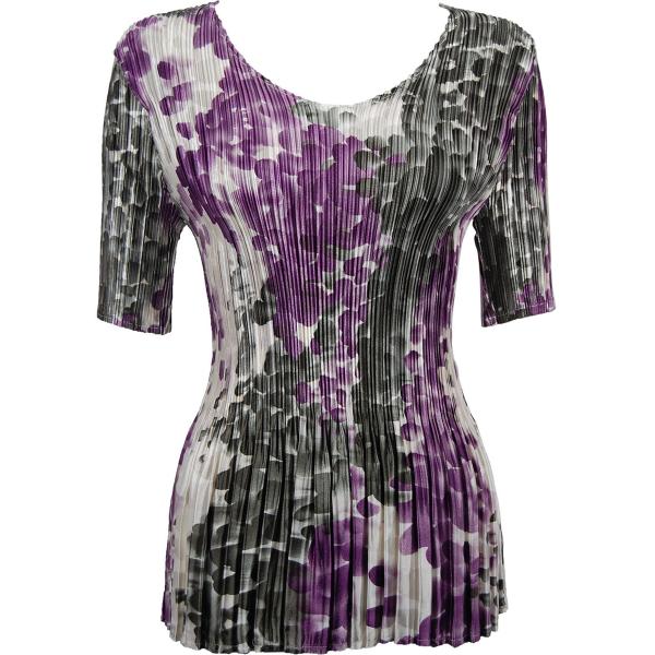 wholesale 657 - Half Sleeve V-Neck Satin Mini Pleat Tops Mauve-Charcoal Dots MB - One Size Fits Most