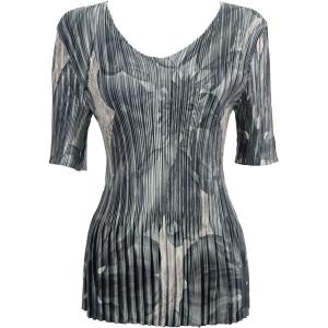 657 - Half Sleeve V-Neck Satin Mini Pleat Tops Silver Abstract - One Size Fits Most
