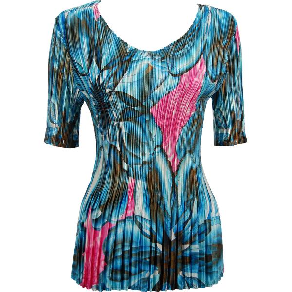 Wholesale 657 - Half Sleeve V-Neck Satin Mini Pleat Tops Blue-Pink Floral  - One Size Fits Most