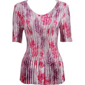 657 - Half Sleeve V-Neck Satin Mini Pleat Tops Mauve-Pink Floral - One Size Fits Most