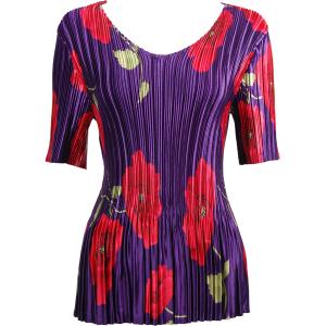 657 - Half Sleeve V-Neck Satin Mini Pleat Tops Red Poppies on Purple - One Size Fits Most