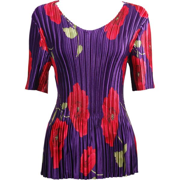 Wholesale 657 - Half Sleeve V-Neck Satin Mini Pleat Tops Red Poppies on Purple - One Size Fits Most