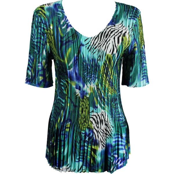wholesale 657 - Half Sleeve V-Neck Satin Mini Pleat Tops Abstract Zebra Blue-Green MB - One Size Fits Most