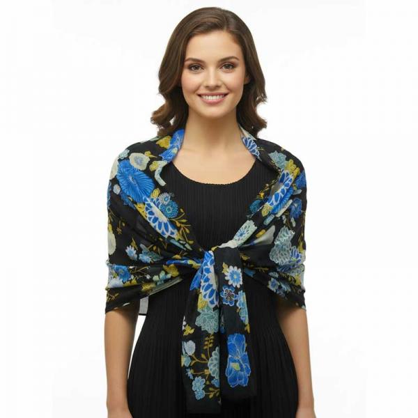 wholesale 679 - Georgette Wraps  Mums Blue-Black - 