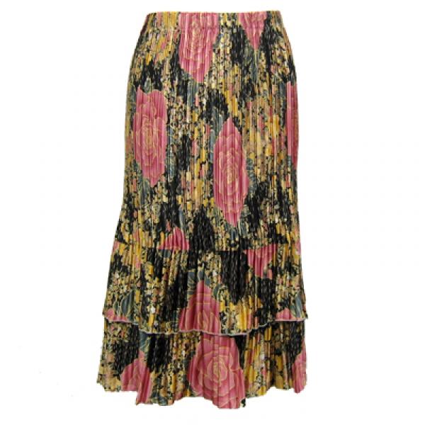 wholesale Skirts - Satin Mini Pleat Tiered*  Black-Pink Rose Floral  - One Size Fits Most