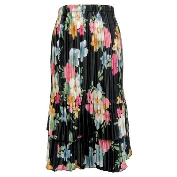 wholesale Skirts - Satin Mini Pleat Tiered*  Black Floral Satin Mini Pleat Tiered Skirt - One Size Fits Most