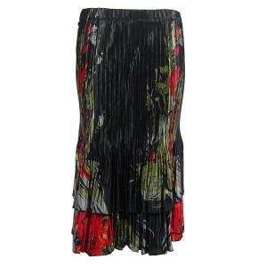 745 - Skirts - Satin Mini Pleat Tiered  Olive-Red Floral on Black Satin Mini Pleat Tiered Skirt - One Size Fits Most