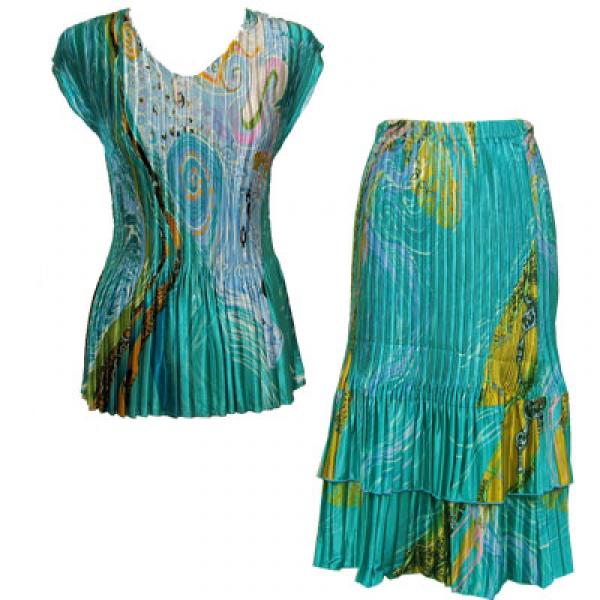 wholesale 748  - Matching Satin Mini Pleat Skirt and Top Set Swirl Aqua-Blue Cap V-Neck Set - One Size Fits Most