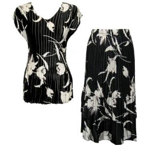 748  - Matching Satin Mini Pleat Skirt and Top Set  White Tulips on Black Cap V-Neck Set - One Size Fits Most
