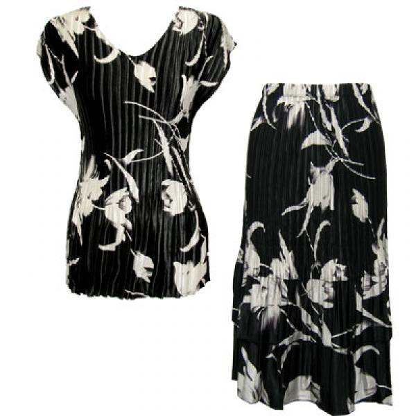 wholesale 748  - Matching Satin Mini Pleat Skirt and Top Set  White Tulips on Black Cap V-Neck Set - One Size Fits Most