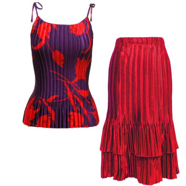 wholesale 748  - Matching Satin Mini Pleat Skirt and Top Set Red Floral on Purple Spaghetti with Red Skirt - 