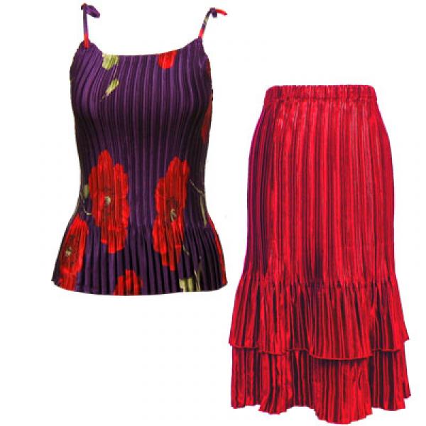 wholesale 748  - Matching Satin Mini Pleat Skirt and Top Set Red Poppies on Purple Spaghetti with Red Skirt - 