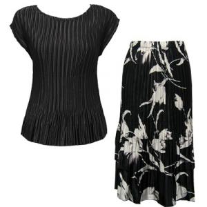 748  - Matching Satin Mini Pleat Skirt and Top Set Black Cap with White Tulips on Black Skirt - One Size Fits Most