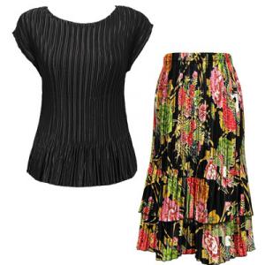 748  - Matching Satin Mini Pleat Skirt and Top Set Black Cap with Floral Bouquet Skirt - One Size Fits Most