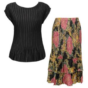 748  - Matching Satin Mini Pleat Skirt and Top Set Black Cap with Black-Pink Rose Skirt - One Size Fits Most