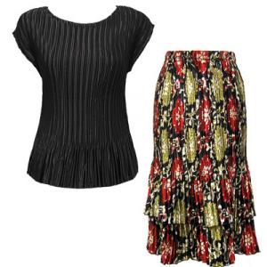 748  - Matching Satin Mini Pleat Skirt and Top Set Black Cap with Medallion Gold-Red Skirt - One Size Fits Most