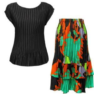 748  - Matching Satin Mini Pleat Skirt and Top Set Black Cap with Cukoo Green Skirt - One Size Fits Most