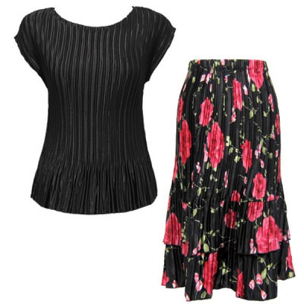 wholesale 748  - Matching Satin Mini Pleat Skirt and Top Set Black Cap with Black with Roses Skirt - One Size Fits Most