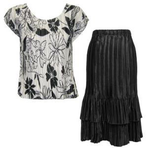 748  - Matching Satin Mini Pleat Skirt and Top Set  Floral-Black on White Cap with Black Skirt - One Size Fits Most