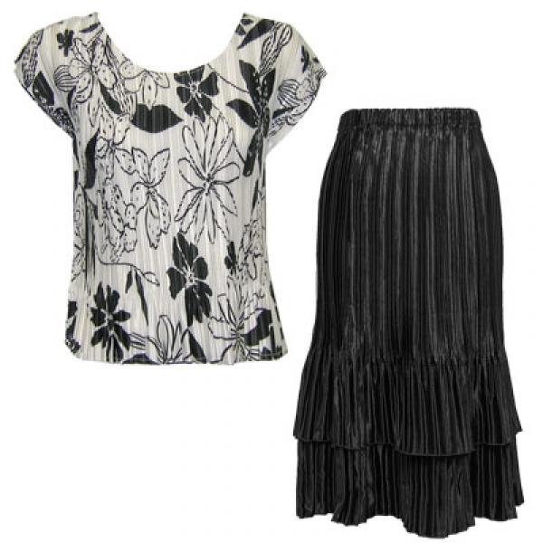 wholesale 748  - Matching Satin Mini Pleat Skirt and Top Set  Floral-Black on White Cap with Black Skirt - One Size Fits Most