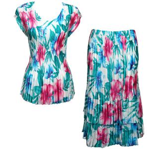 748  - Matching Satin Mini Pleat Skirt and Top Set Bright Bouquet Cap V-Neck Set - One Size Fits Most