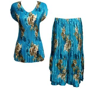 748  - Matching Satin Mini Pleat Skirt and Top Set Taupe on Teal Cap V-Neck Set - One Size Fits Most