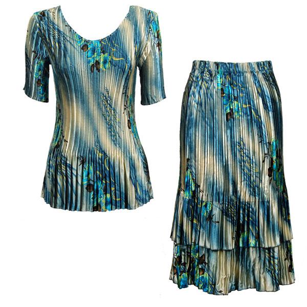 wholesale 748  - Matching Satin Mini Pleat Skirt and Top Set Marble Floral - Blue Half Sleeve V-Neck Set - One Size Fits Most