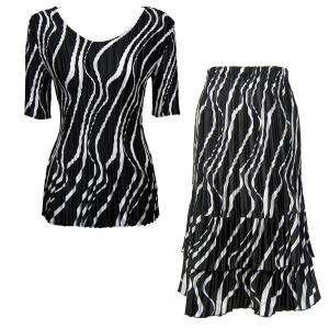 748  - Matching Satin Mini Pleat Skirt and Top Set Ribbon Black-White Half Sleeve V-Neck Set - One Size Fits Most