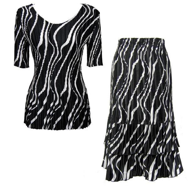 wholesale 748  - Matching Satin Mini Pleat Skirt and Top Set Ribbon Black-White Half Sleeve V-Neck Set - One Size Fits Most