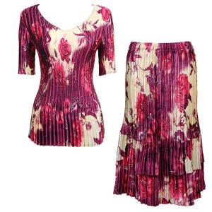 748  - Matching Satin Mini Pleat Skirt and Top Set Rose Floral - Berry Half Sleeve V-Neck Set - One Size Fits Most