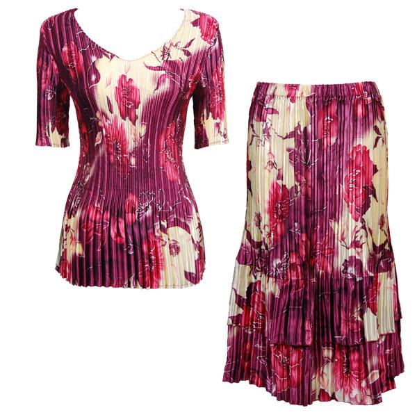wholesale 748  - Matching Satin Mini Pleat Skirt and Top Set Rose Floral - Berry Half Sleeve V-Neck Set - One Size Fits Most