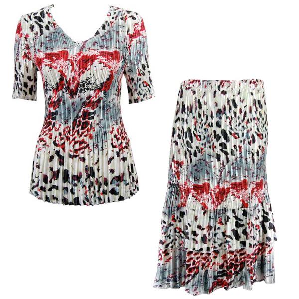 wholesale 748  - Matching Satin Mini Pleat Skirt and Top Set Reptile Floral Red <br>
Half Sleeve V-Neck Set - One Size Fits Most