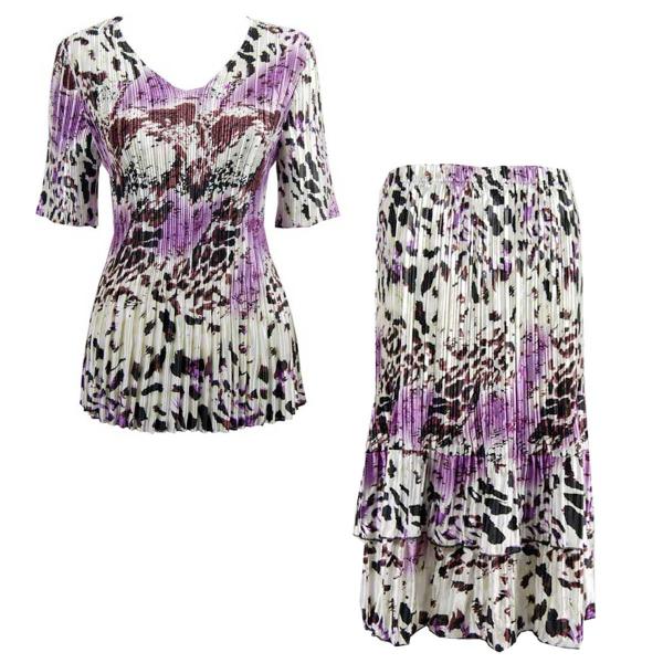 wholesale 748  - Matching Satin Mini Pleat Skirt and Top Set Reptile Floral Purple <br>
Half Sleeve V-Neck Set - One Size Fits Most