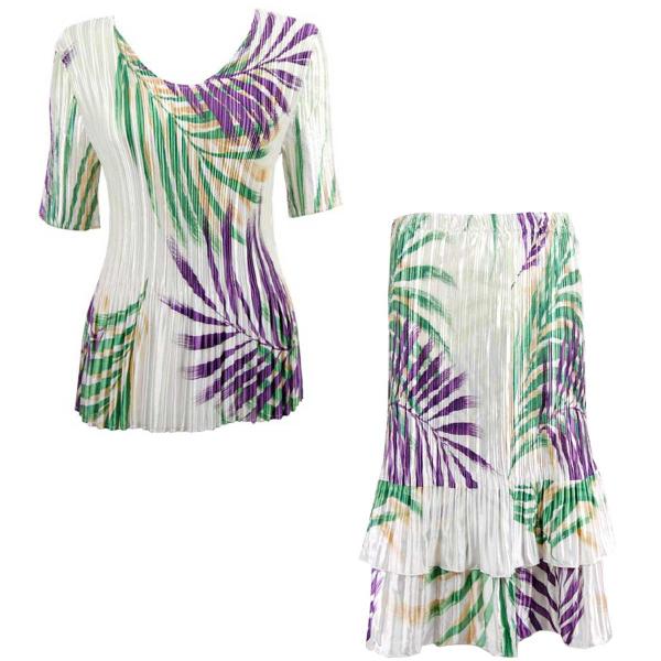 wholesale 748  - Matching Satin Mini Pleat Skirt and Top Set Palm Leaf Green-Purple <br>
Half Sleeve V-Neck Set - One Size Fits Most