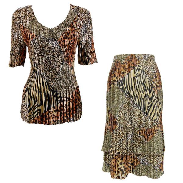 wholesale 748  - Matching Satin Mini Pleat Skirt and Top Set Patchwork Animal<br>
Half Sleeve V-Neck Set - One Size Fits Most