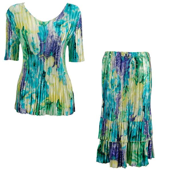 wholesale 748  - Matching Satin Mini Pleat Skirt and Top Set Blue Purple Yellow Watercolors<br>
Half Sleeve V-Neck Set - One Size Fits Most