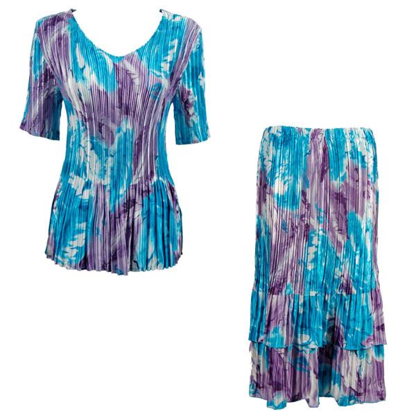 wholesale 748  - Matching Satin Mini Pleat Skirt and Top Set Turquoise Purple Watercolors <br>
Half Sleeve V-Neck Set - One Size Fits Most