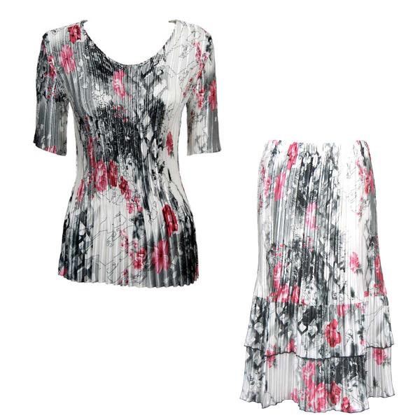 wholesale 748  - Matching Satin Mini Pleat Skirt and Top Set White Black Pink Floral<br>
Half Sleeve V-Neck Set - One Size Fits Most