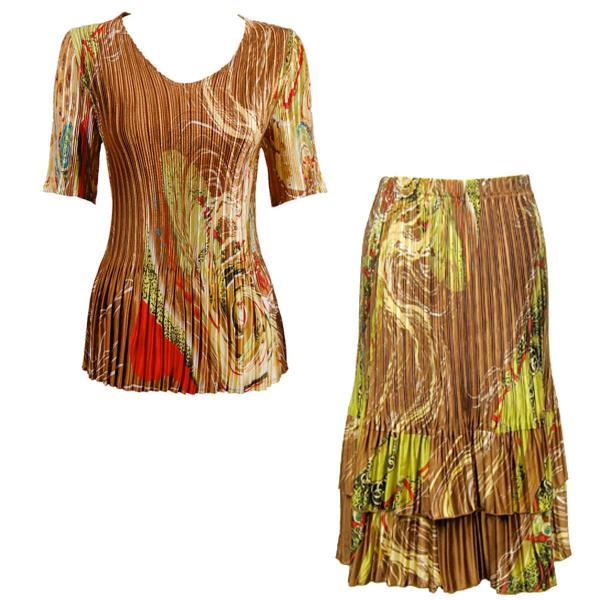 wholesale 748  - Matching Satin Mini Pleat Skirt and Top Set Swirl Copper Lime<br>Half Sleeve V-Neck Set - One Size Fits Most