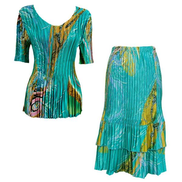 wholesale 748  - Matching Satin Mini Pleat Skirt and Top Set Swirl Aqua Blue<br>
Half Sleeve V-Neck Set - One Size Fits Most