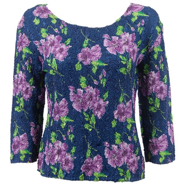 wholesale 837 - Ultra Light Crush Three Quarter Sleeve Tops Navy with Purple Flowers - One Size Fits Most