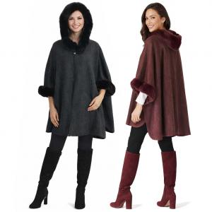 Wholesale LC14<p>Hooded Faux Rabbit Fur Trim Cloak