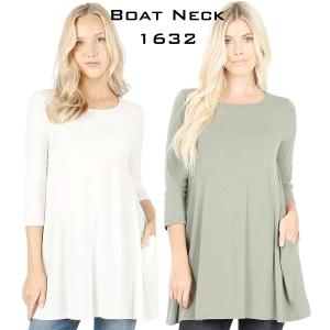 Wholesale Boat Neck 3/4 Sleeve Flared Top w/ Pockets 1632