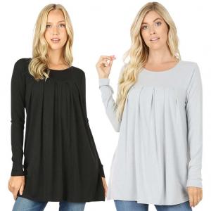 1658 <p> Long Sleeve Round Neck Pleated Tops